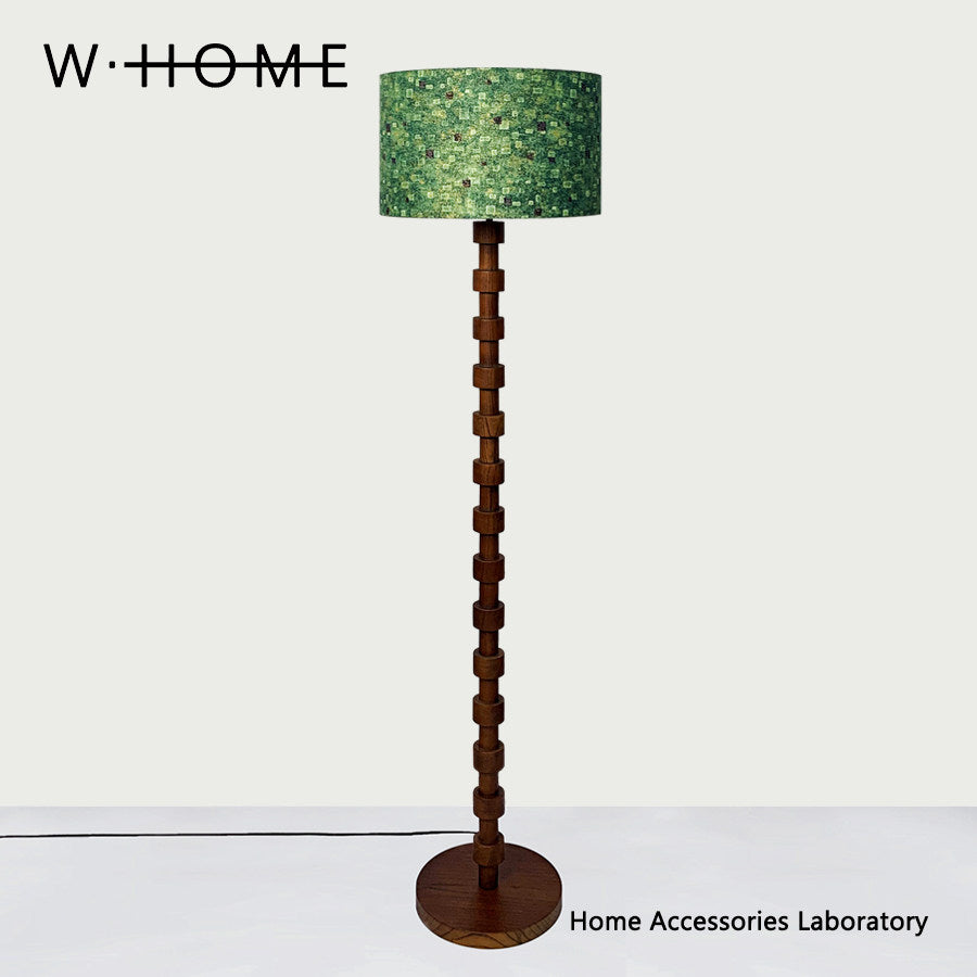 Vintage French Floor Lamp with Solid Wood Base & Fabric Shade