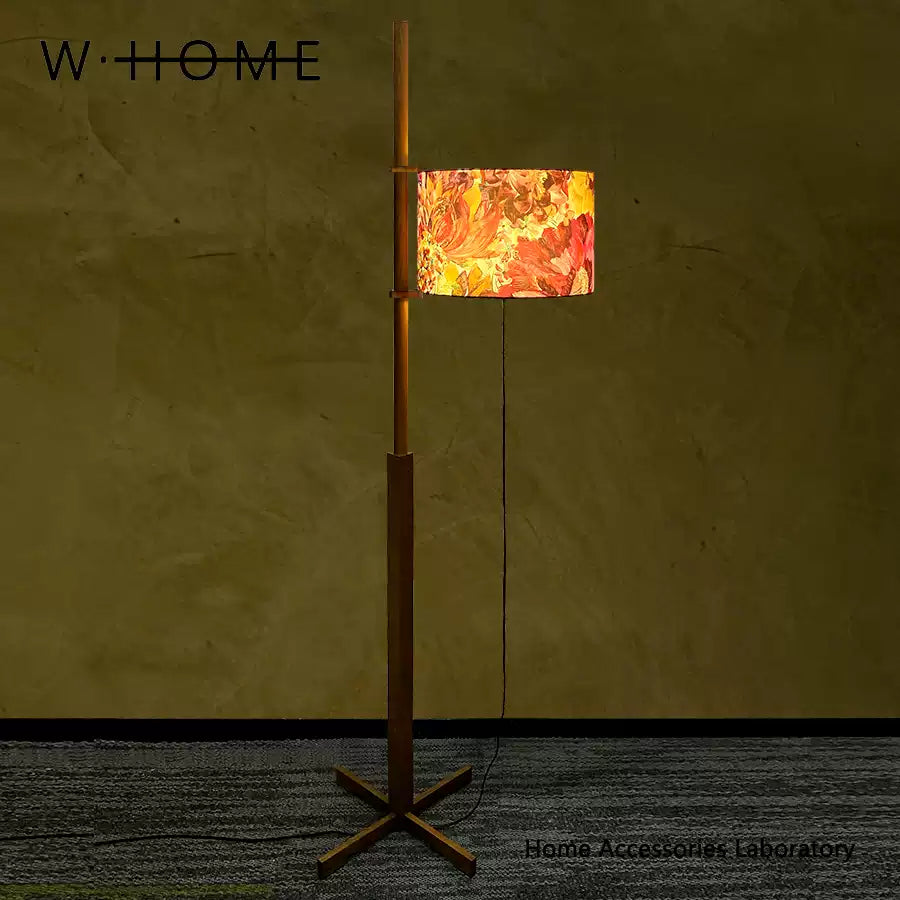 Vintage French Floor Lamp with Solid Wood Base & Linen Fabric Shade
